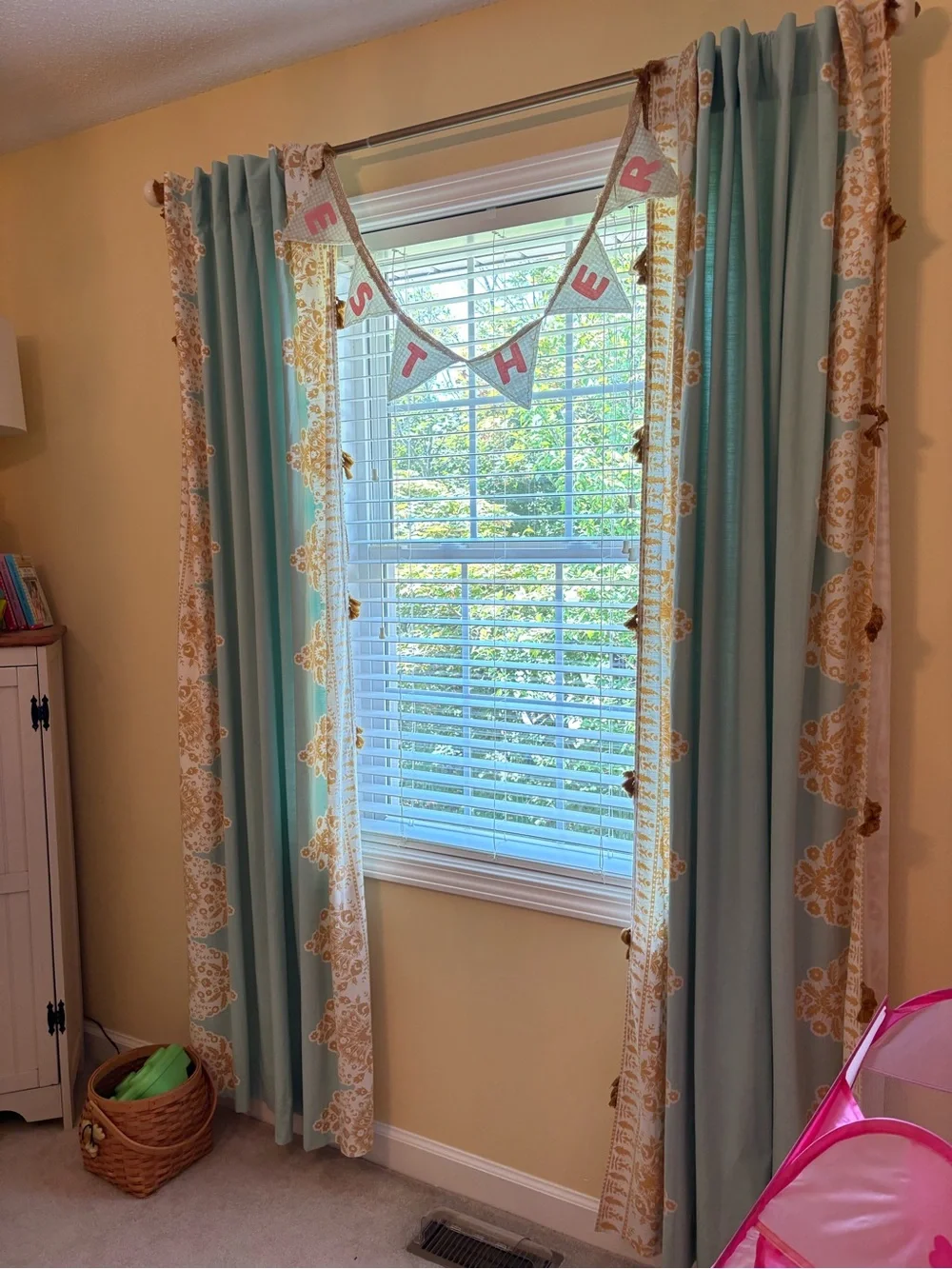 2 Anthropologie Curtain Panels - Tiya - Mint and Mustard with tassels